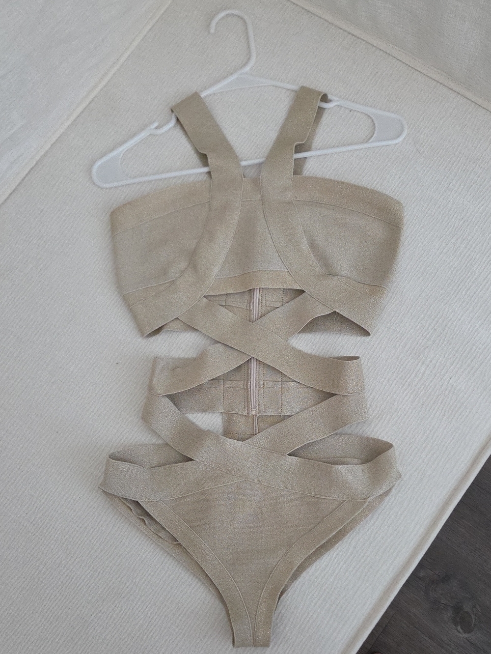 Champagne Strappy Cutout Bodysuit With Gold Shimmer